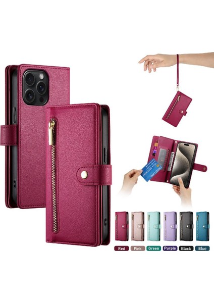IPhone 15 Için Flip Case Pro Max Bilek Kayışı Cüzdan Bölmesi Kart Yuvaları (Yurt Dışından)
