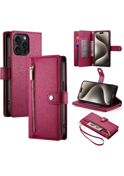 IPhone 15 Için Flip Case Pro Max Bilek Kayışı Cüzdan Bölmesi Kart Yuvaları (Yurt Dışından)