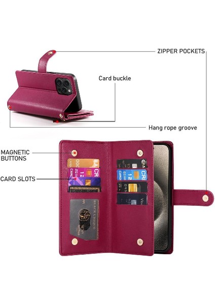 IPhone 15 Için Flip Case Pro Max Bilek Kayışı Cüzdan Bölmesi Kart Yuvaları (Yurt Dışından)