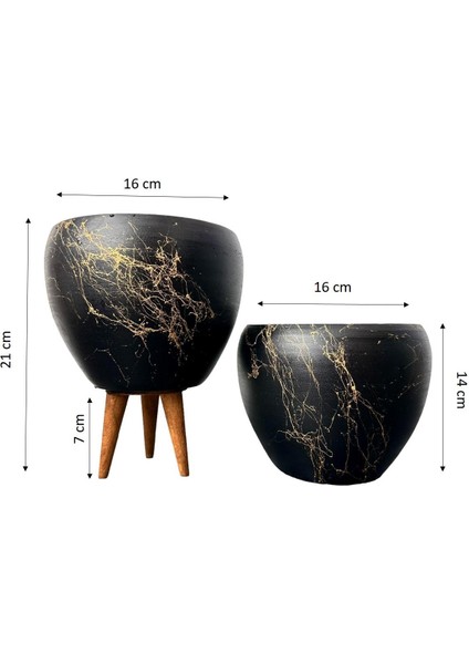 Ev Dekorasyon Siyah Üzeri Gold Mermer Efektli Toprak Saksı Saksılık Salon Çiçeklik İkili Set Ayaksız - 3 Ayaklı- 15 Cm
