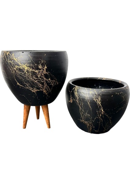 Ev Dekorasyon Siyah Üzeri Gold Mermer Efektli Toprak Saksı Saksılık Salon Çiçeklik İkili Set Ayaksız - 3 Ayaklı- 15 Cm