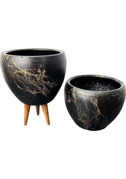Ev Dekorasyon Siyah Üzeri Gold Mermer Efektli Toprak Saksı Saksılık Salon Çiçeklik İkili Set Ayaksız - 3 Ayaklı- 15 Cm