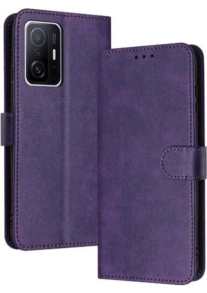 Xiaomi 11T/11T Pro Kickstand Saf Renk Pu Deri ile Flip Case (Yurt Dışından)