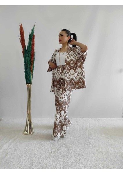 Kahverengi Desenli Ikili Kimono Takım ( Rahat Kalıp )