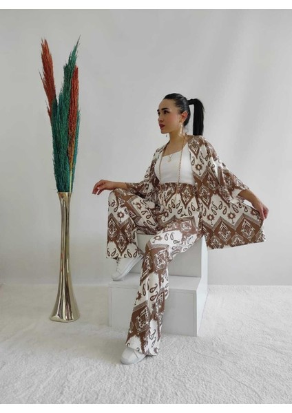 Kahverengi Desenli Ikili Kimono Takım ( Rahat Kalıp ) fiyatları