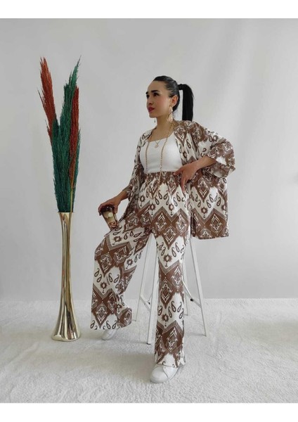 Kahverengi Desenli Ikili Kimono Takım ( Rahat Kalıp ) modelleri