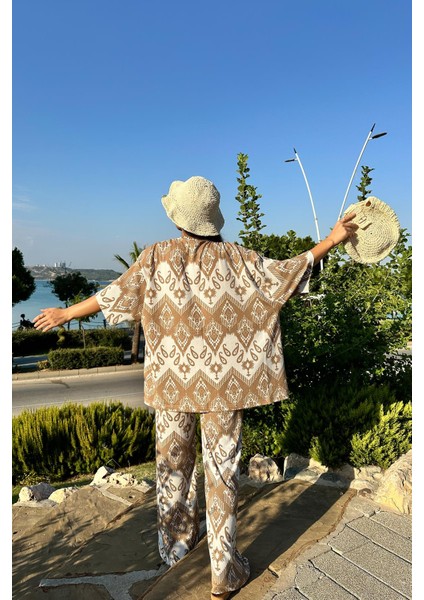 Camel Renk Desenli Ikili Kimono Takım ( Rahat Kalıp ) indirimleri