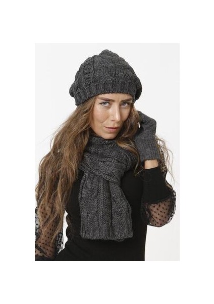 Kadın Triko Örgü Model Antrasit Atkı Bere Eldiven Set