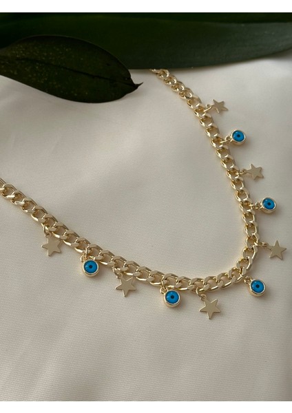Gold Kalın Zincirli Nazar Boncuk Charm Kolye fiyatları