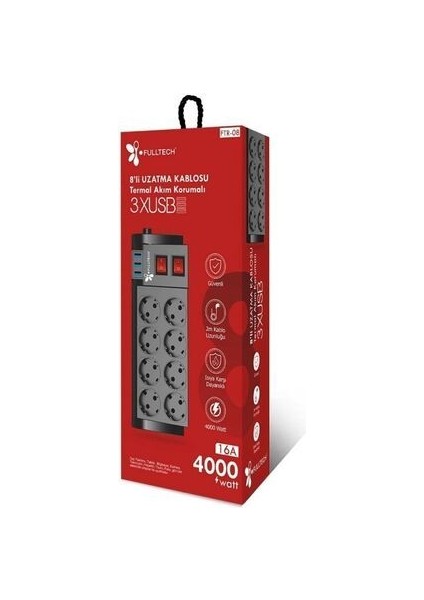 Blic Fulltech 8'li Termal Akım Korumalı Priz 3 USB Li - Çocuk Korumalı
