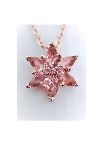 Aurora Jewelry Kadın Rose Gold Zincir Kaplama Zirkon Taşlı Pembe Lotus Çiçeği Kolye