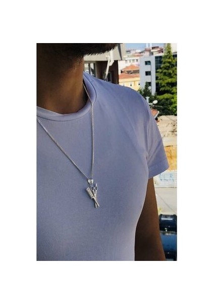 Zincirli Tarak Makas Gümüş Erkek Kuaför Kolye