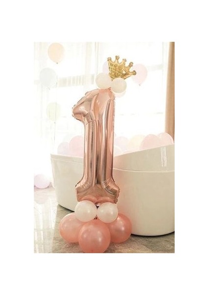 Rakam Balon Karşılama Seti 1 Yaş Rose Gold Rakam Balon Altın Kral Taçlı 1 Rakamlı Balon