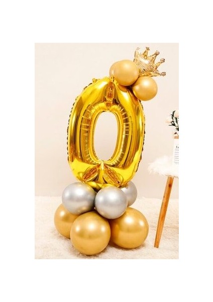 Rakam Balon Karşılama Seti 0 Yaş Rakam Balon Altın Kral Taçlı 0 Rakamlı Balon