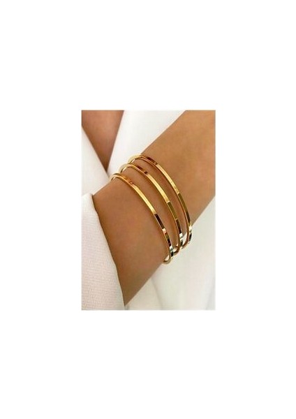 3 Lü Çelik Gold Altın Kaplama Ajda Bilezik Seti 22 cm 65 mm
