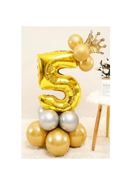 Rakam Balon Karşılama Seti 5 Yaş Rakam Balon Altın Kral Taçlı 5 Rakamlı Balon