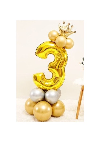 Rakam Balon Karşılama Seti 3 Yaş Rakam Balon Altın Kral Taçlı 3 Rakamlı Balon