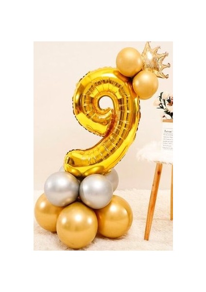 Rakam Balon Karşılama Seti 9 Yaş Rakam Balon Altın Kral Taçlı 9 Rakamlı Balon
