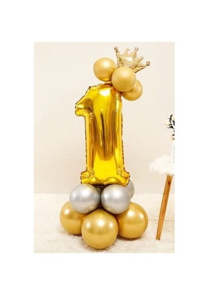 Rakam Balon Karşılama Seti 1 Yaş Rakam Balon Altın Kral Taçlı 1 Rakamlı Balon