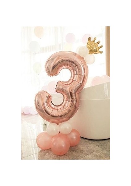 Rakam Balon Karşılama Seti 3 Yaş Rose Gold Rakam Balon Altın Kral Taçlı 3 Rakamlı Balon