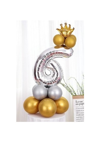 Rakam Balon Karşılama Seti 6 Yaş Parlak Gold Gümüş Renkler Altın Taçlı 6 Rakamlı Balon