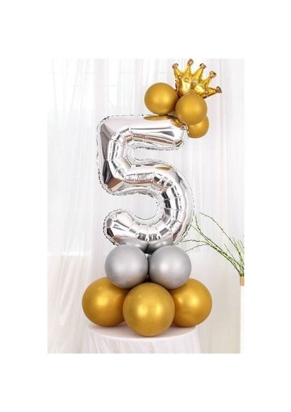 Rakam Balon Karşılama Seti 5 Yaş Parlak Gold Gümüş Renkler Altın Taçlı 5 Rakamlı Balon