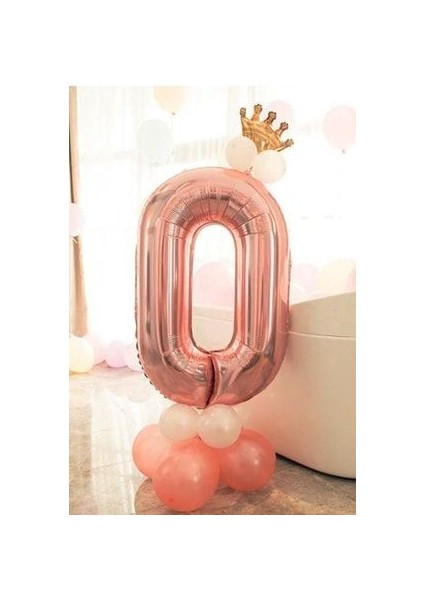 Rakam Balon Karşılama Seti 0 Yaş Rose Gold Rakam Balon Altın Kral Taçlı 0 Rakamlı Balon