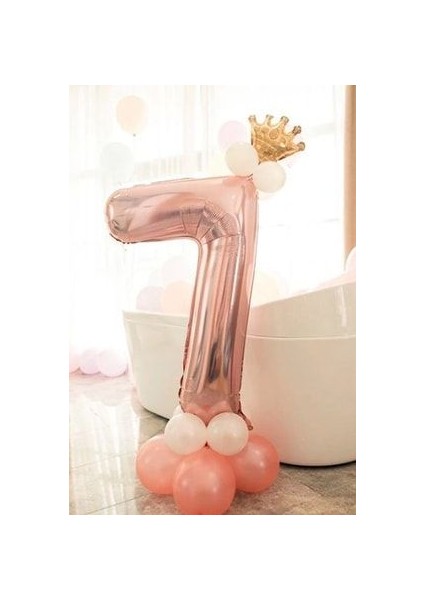 Rakam Balon Karşılama Seti 7 Yaş Rose Gold Rakam Balon Altın Kral Taçlı 7 Rakamlı Balon
