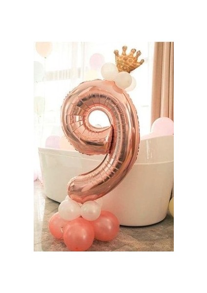 Rakam Balon Karşılama Seti 9 Yaş Rose Gold Rakam Balon Altın Kral Taçlı 9 Rakamlı Balon