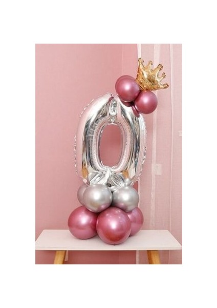 Rakam Balon Karşılama Seti 0 Yaş Parlak Rose Gold Gümüş Renkler Altın Taçlı 0 Rakamlı Balon