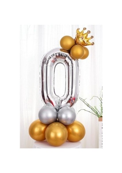 Rakam Balon Karşılama Seti 0 Yaş Parlak Gold Gümüş Renkler Altın Taçlı 0 Rakamlı Balon