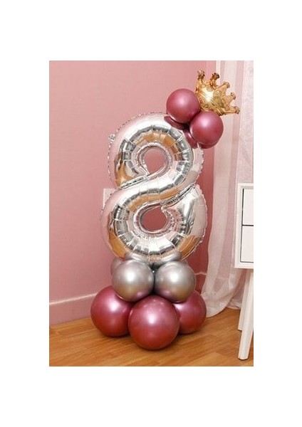 Rakam Balon Karşılama Seti 8 Yaş Parlak Rose Gold Gümüş Renkler Altın Taçlı 8 Rakamlı Balon