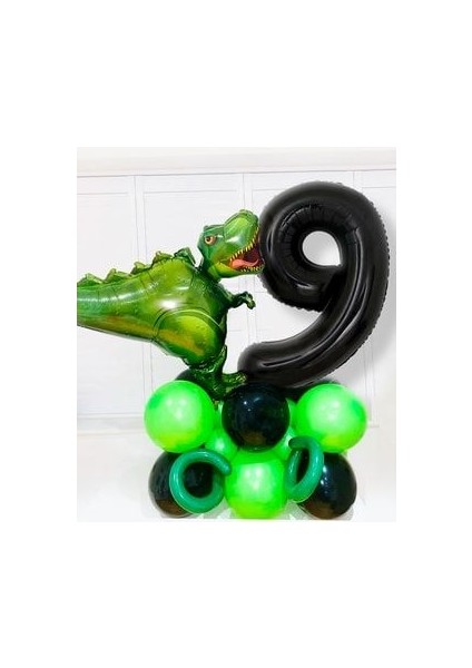 Dinozor Temalı Balon Set Siyah 9 Yaş Rakamlı Balon Dinozor Jurassic Park Teması