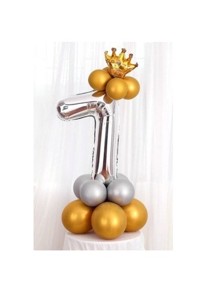 Rakam Balon Karşılama Seti 7 Yaş Parlak Gold Gümüş Renkler Altın Taçlı 7 Rakamlı Balon