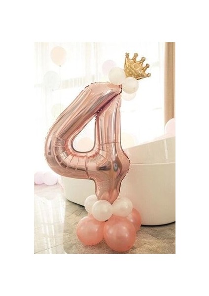 Rakam Balon Karşılama Seti 4 Yaş Rose Gold Rakam Balon Altın Kral Taçlı 4 Rakamlı Balon