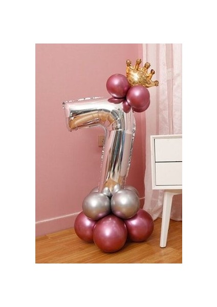 Rakam Balon Karşılama Seti 7 Yaş Parlak Rose Gold Gümüş Renkler Altın Taçlı 7 Rakamlı Balon