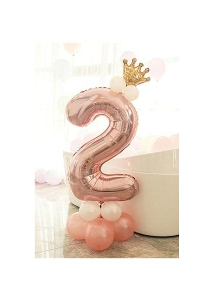 Rakam Balon Karşılama Seti 2 Yaş Rose Gold Rakam Balon Altın Kral Taçlı 2 Rakamlı Balon