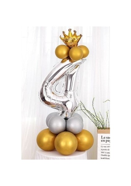 Rakam Balon Karşılama Seti 4 Yaş Parlak Gold Gümüş Renkler Altın Taçlı 4 Rakamlı Balon