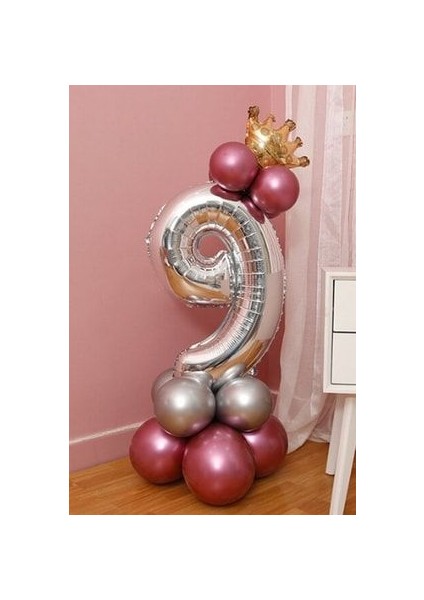 Rakam Balon Karşılama Seti 9 Yaş Parlak Rose Gold Gümüş Renkler Altın Taçlı 9 Rakamlı Balon