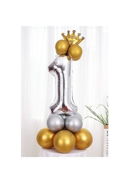 Rakam Balon Karşılama Seti 1 Yaş Parlak Gold Gümüş Renkler Altın Taçlı 1 Rakamlı Balon