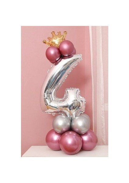 Rakam Balon Karşılama Seti 4 Yaş Parlak Rose Gold Gümüş Renkler Altın Taçlı 4 Rakamlı Balon