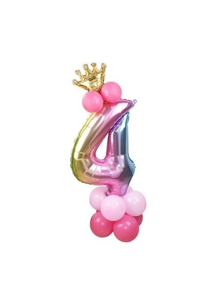 Rakam Balon Karşılama Seti 4 Yaş Gökkuşağı Renkleri Rakam Balon Altın Taçlı 4 Rakamlı Balon
