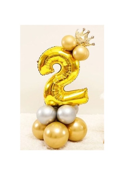 Rakam Balon Karşılama Seti 2 Yaş Rakam Balon Altın Kral Taçlı 2 Rakamlı Balon