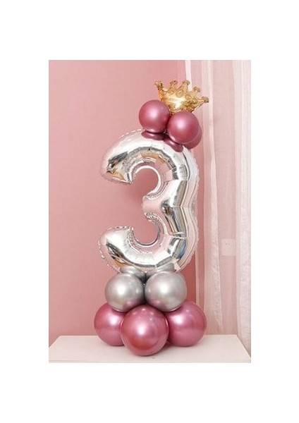 Rakam Balon Karşılama Seti 3 Yaş Parlak Rose Gold Gümüş Renkler Altın Taçlı 3 Rakamlı Balon