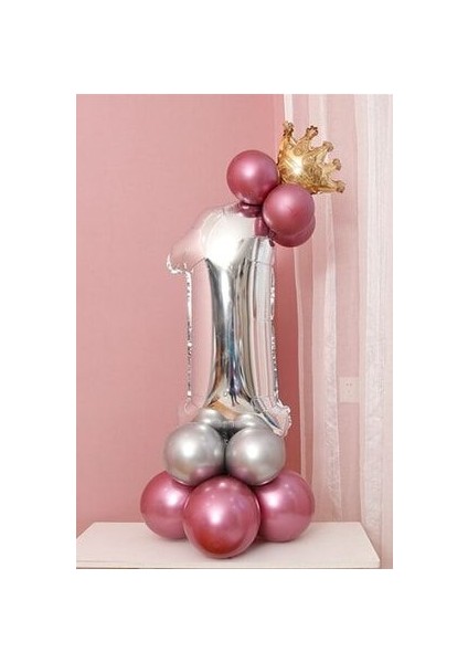 Rakam Balon Karşılama Seti 1 Yaş Parlak Rose Gold Gümüş Renkler Altın Taçlı 1 Rakamlı Balon