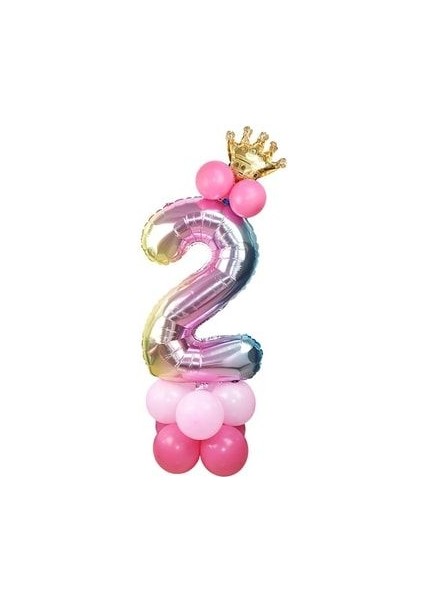 Rakam Balon Karşılama Seti 2 Yaş Gökkuşağı Renkleri Rakam Balon Altın Taçlı 2 Rakamlı Balon