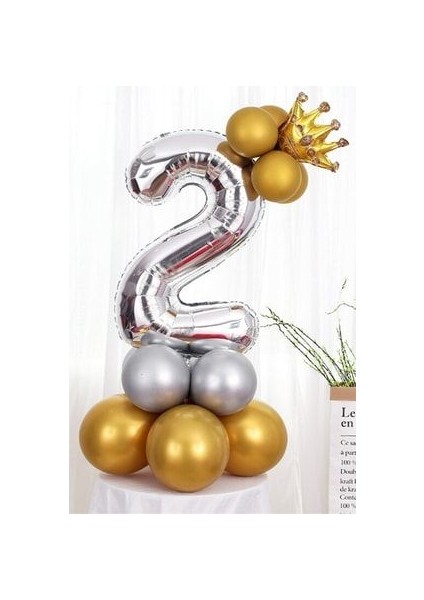 Rakam Balon Karşılama Seti 2 Yaş Parlak Gold Gümüş Renkler Altın Taçlı 2 Rakamlı Balon