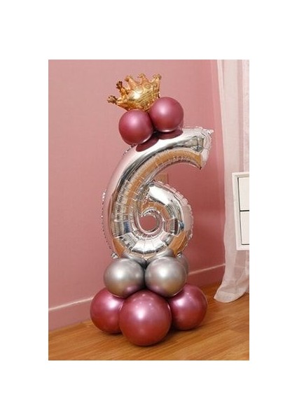 Rakam Balon Karşılama Seti 6 Yaş Parlak Rose Gold Gümüş Renkler Altın Taçlı 6 Rakamlı Balon