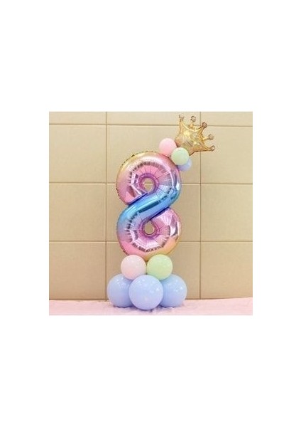 Unicorn Tema Rakam Balon Karşılama Seti 8 Yaş Gökkuşağı Renkleri Altın Taçlı 8 Rakamlı Balon