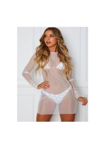 Kadın Likralı Tül Pareo Süper Mini Bodycon Beyaz Plaj Elbise